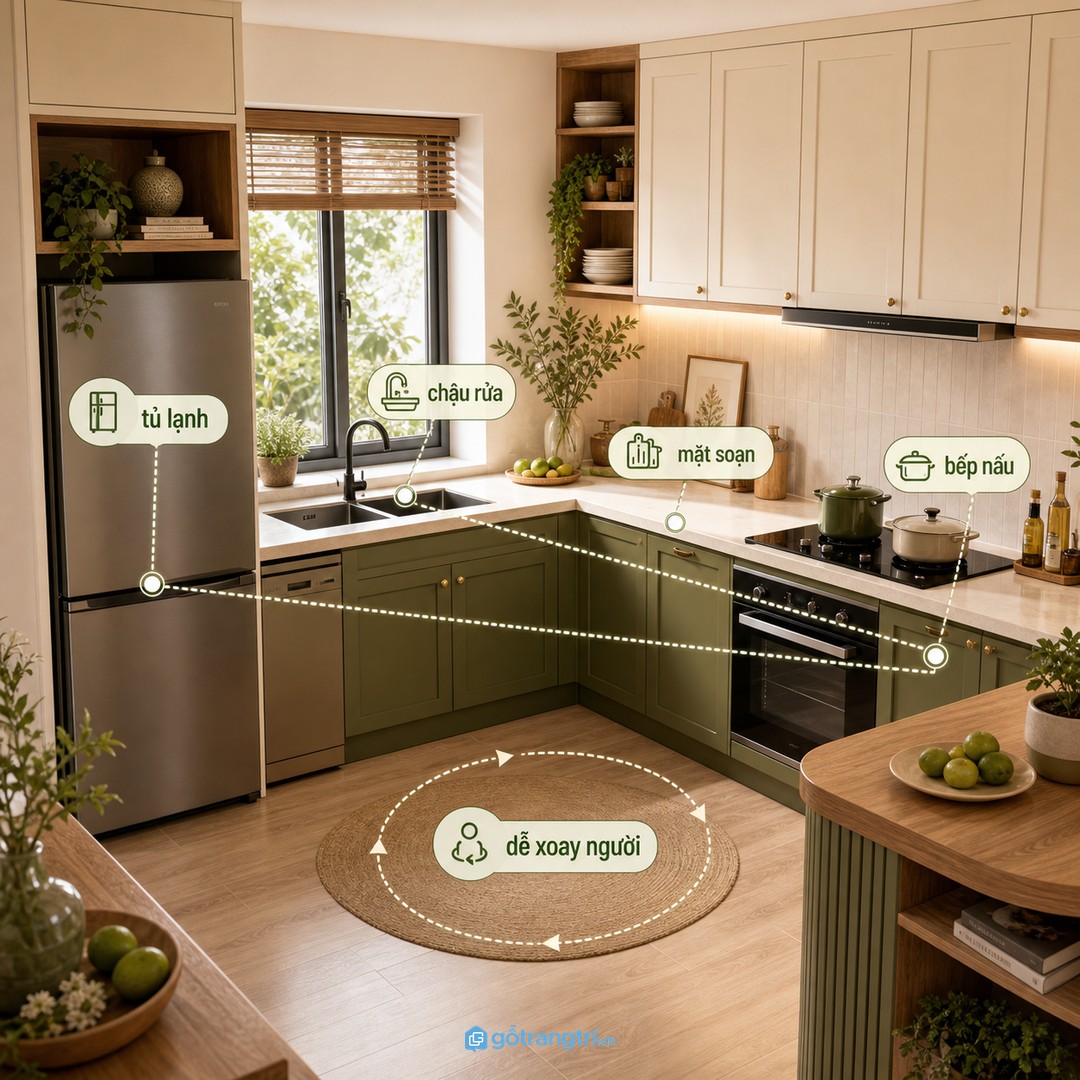 Tam giác tủ lạnh, chậu rửa và bếp nấu nên ngắn, rõ nhưng không chồng chéo