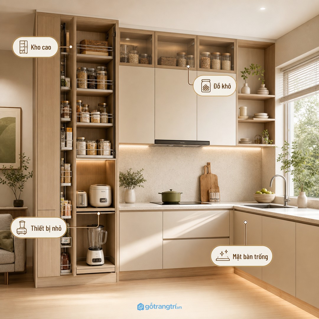 Kho cao giúp đồ khô và thiết bị nhỏ không tràn ra mặt bàn bếp