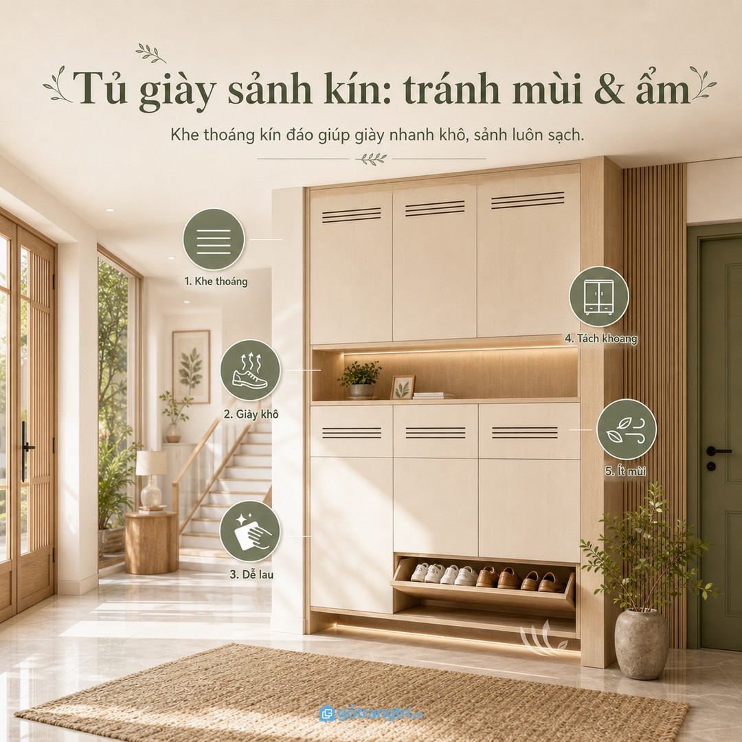 Tủ giày sảnh kín cần khe thoáng và vật liệu dễ lau để hạn chế mùi ẩm