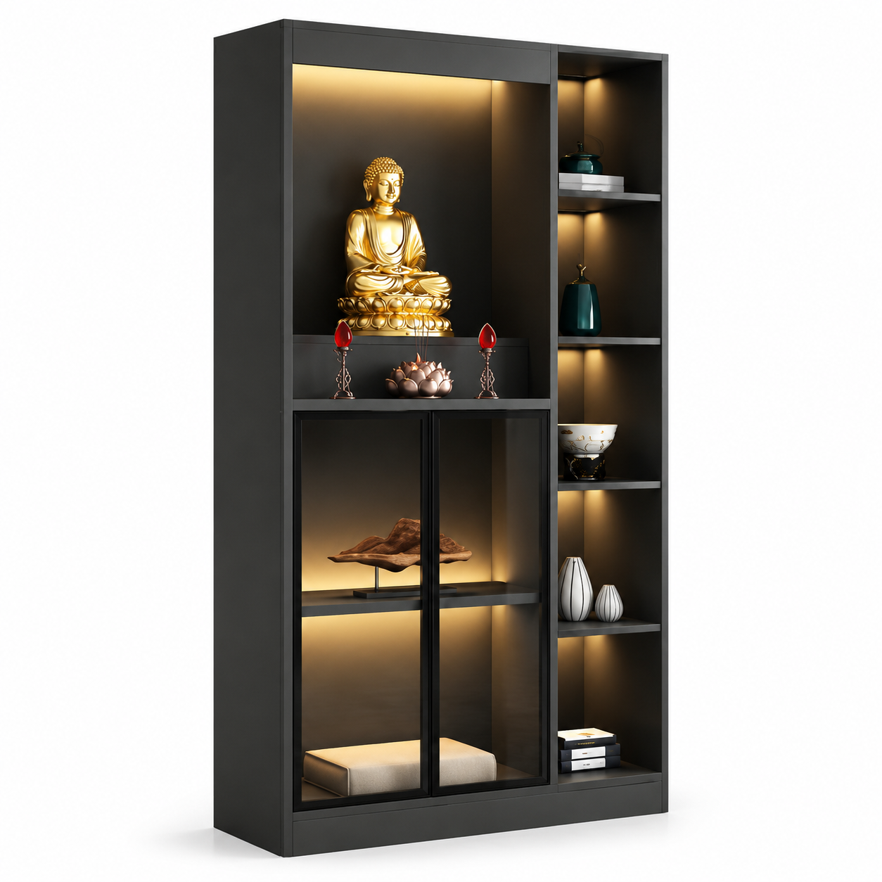 Màu gỗ tự nhiên giúp không gian thờ sáng hơn và dễ hòa với nội thất hiện đại
