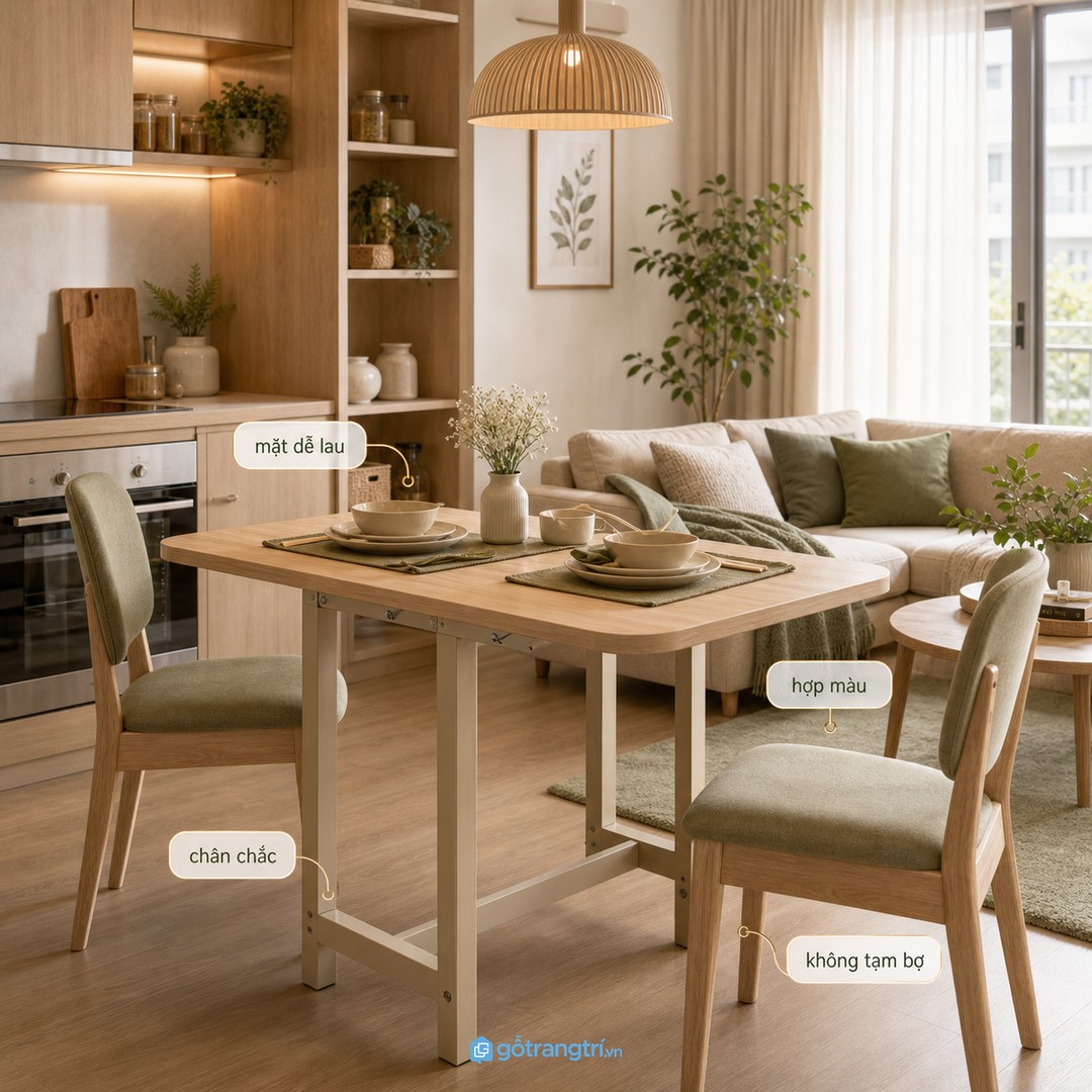 Bàn gấp gọn vẫn có thể sang nếu cơ cấu chắc, mặt bàn đẹp và phối màu đúng