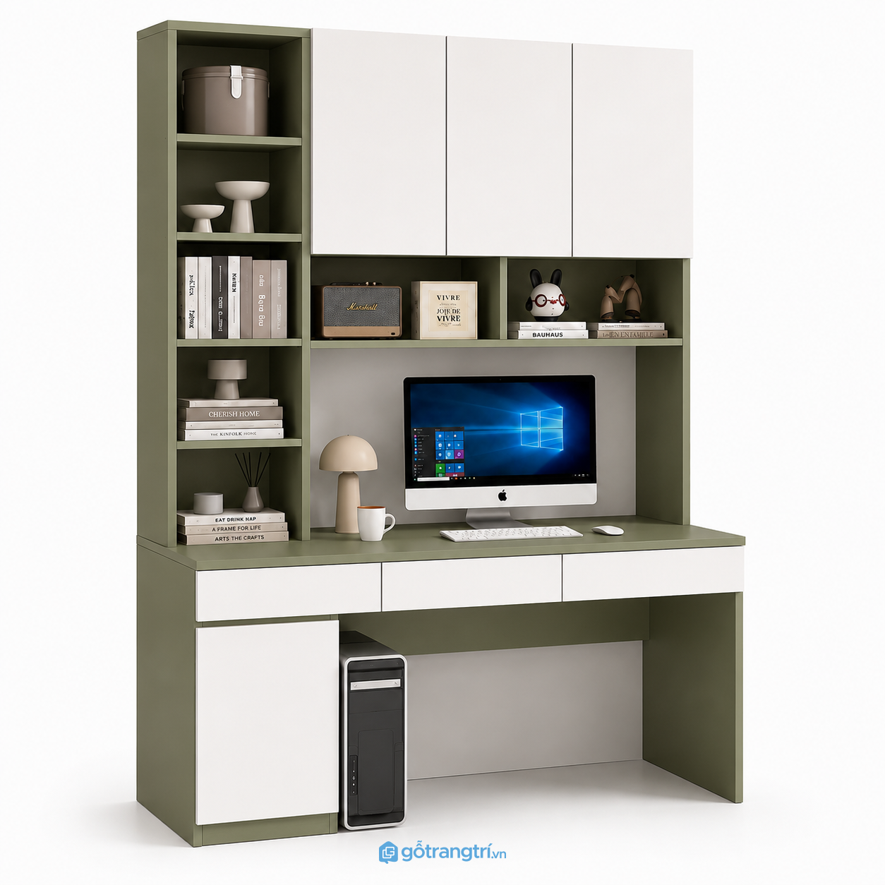 Bàn làm việc liền tủ treo giúp mảng tường phía trên bàn được sử dụng hiệu quả hơn