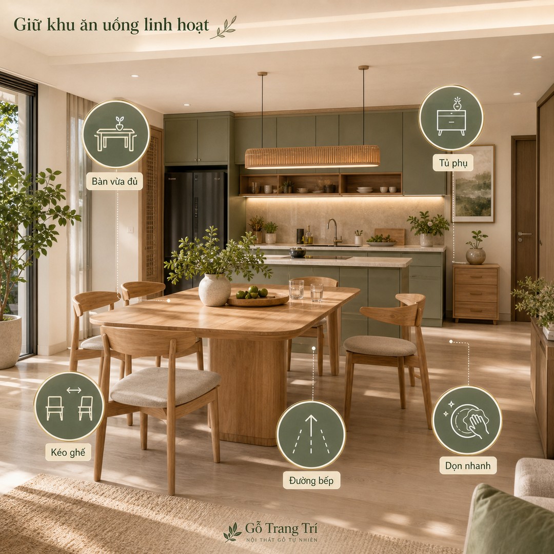 Khu ăn uống cần bàn vừa đủ, ghế kéo thoải mái, đường bếp và tủ phụ hợp lý