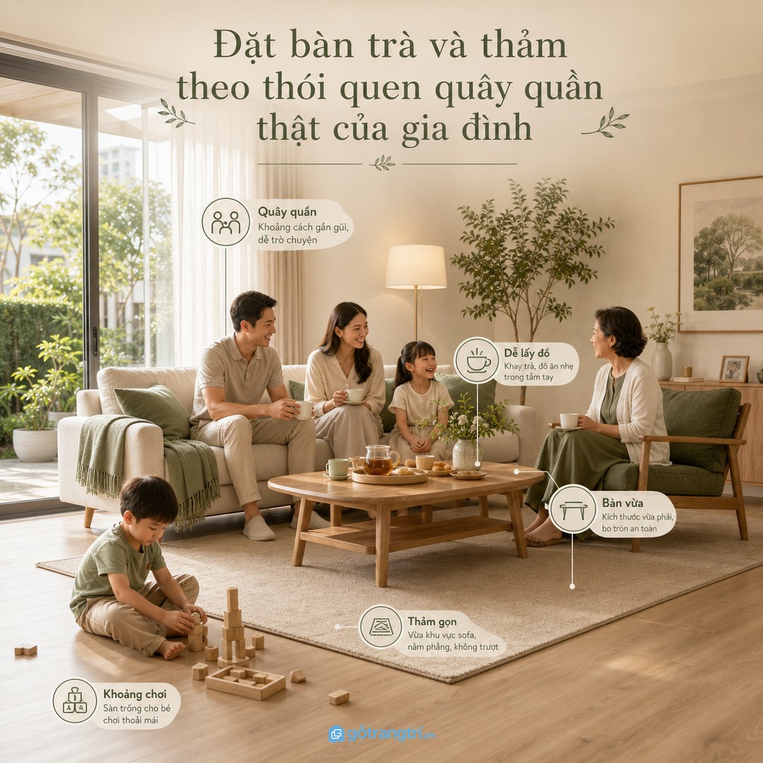 Bàn trà và thảm nên theo thói quen quây quần, không làm mất khoảng sàn sinh hoạt