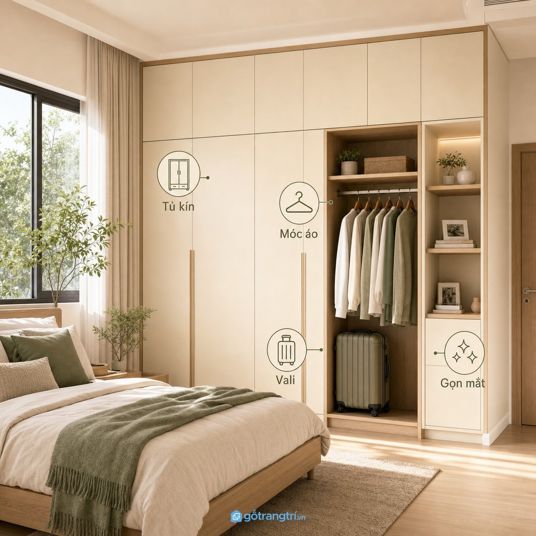 Tủ áo kín vừa đủ giúp phòng ngủ cho thuê sạch mắt và dễ kiểm đồ khi bàn giao