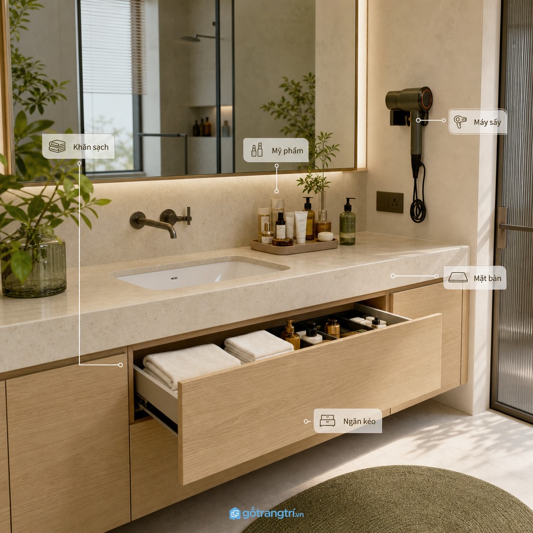 Lavabo và lưu trữ nên đặt theo thói quen dùng hằng ngày để mặt bàn luôn gọn
