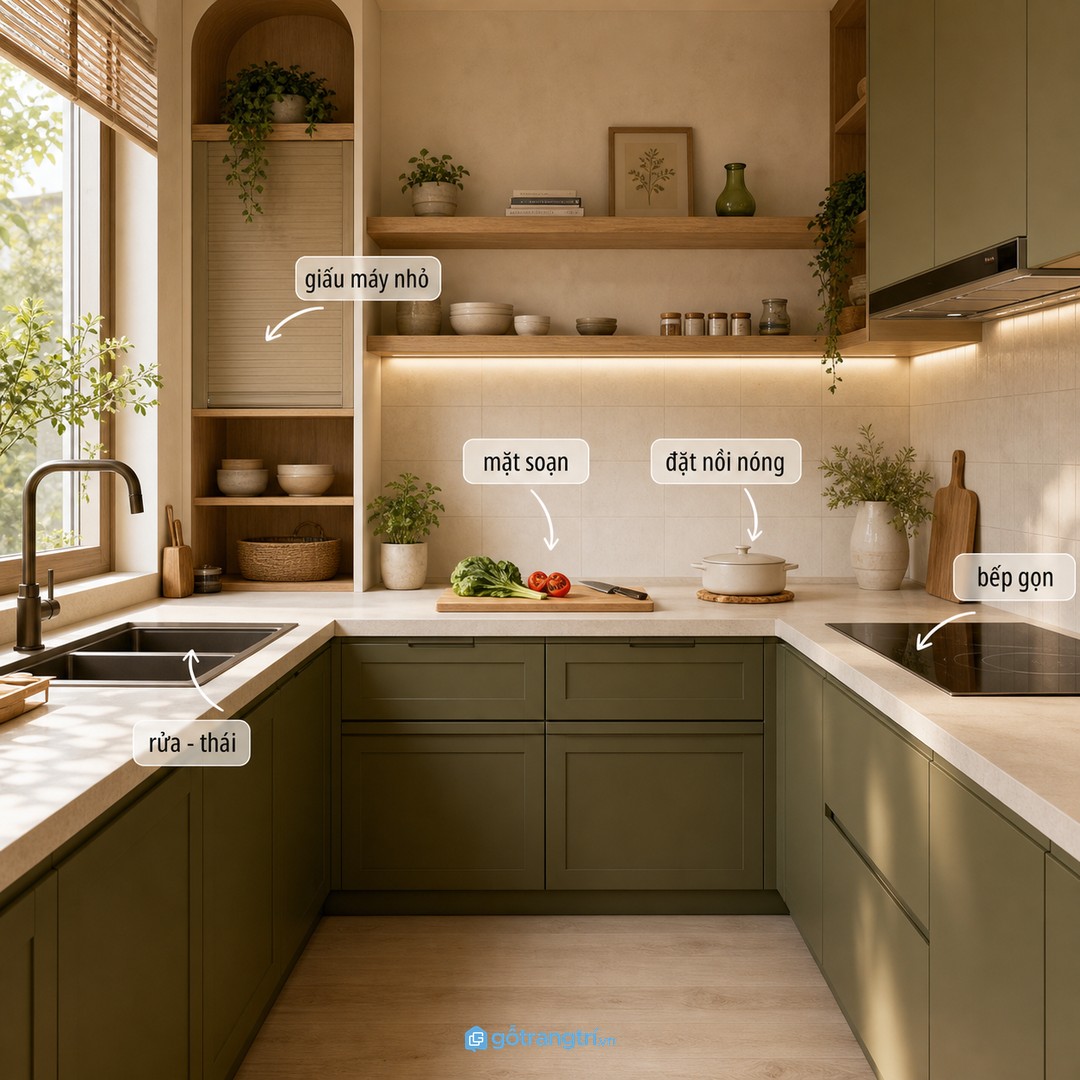 Mặt bàn trung gian giúp rửa, thái, đặt nồi và giữ bếp nhỏ luôn gọn