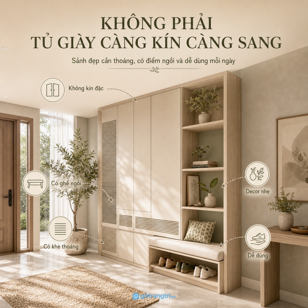 Tủ giày sảnh biệt thự nên cân bằng cánh kín, khe thoáng, ghế ngồi và decor nhẹ