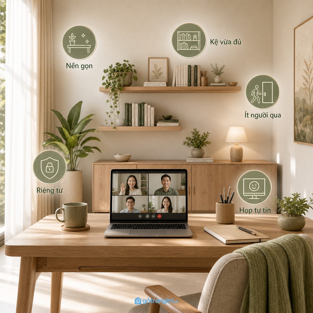 Nền họp online nên gọn, riêng tư và ít người qua lại phía sau