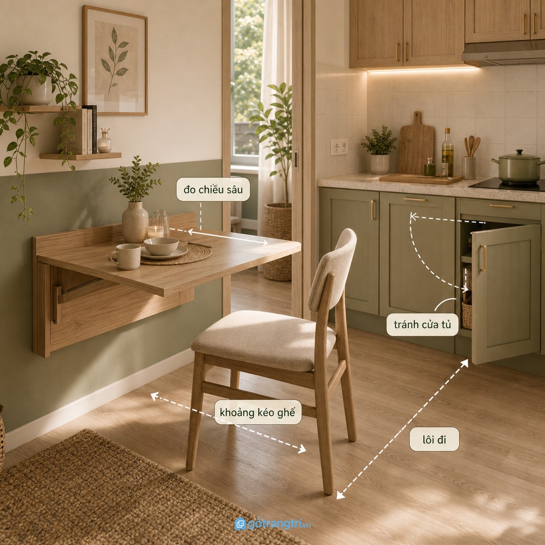 Đo khoảng mở, khoảng kéo ghế và lối đi trước khi chọn kiểu bàn gấp
