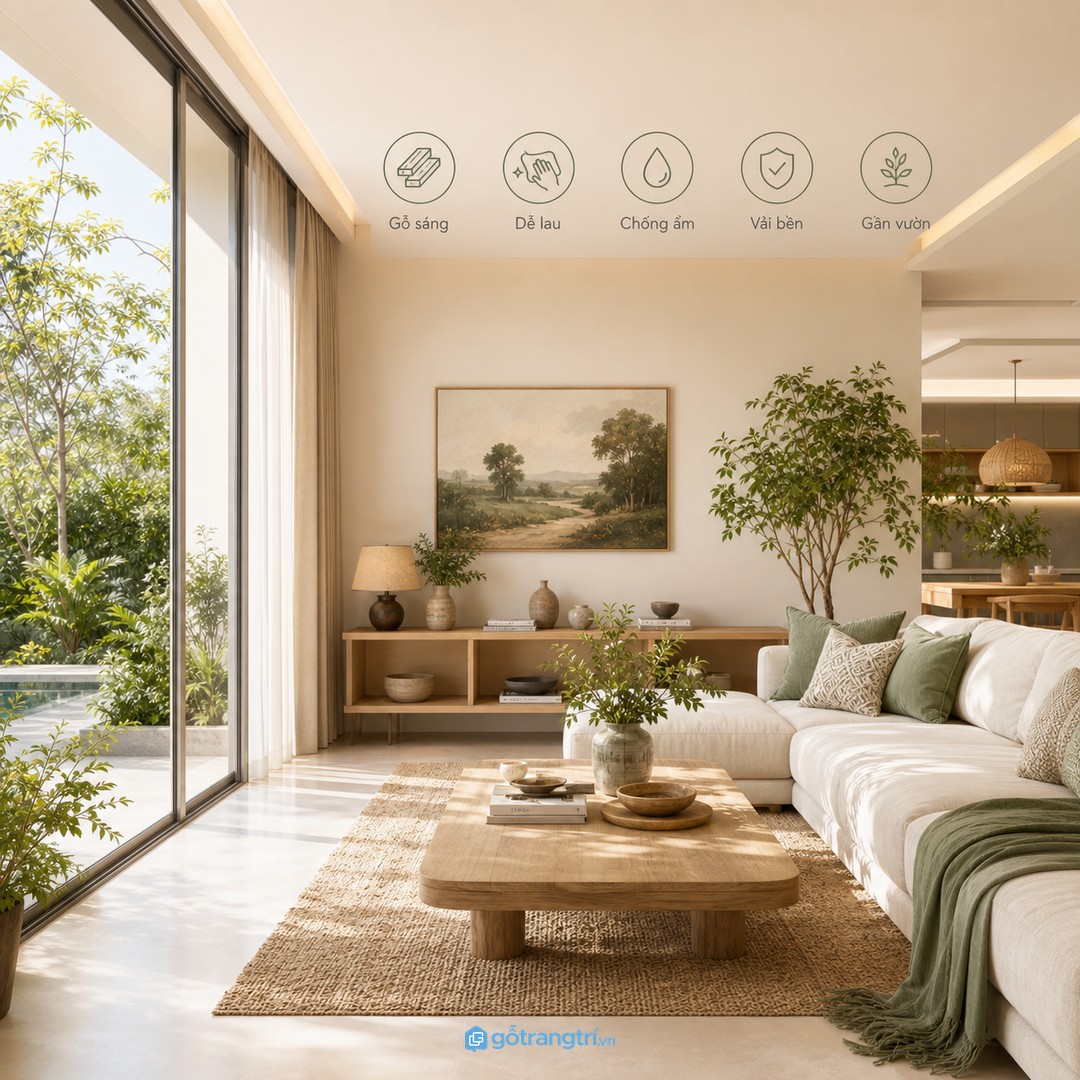 Vật liệu gần sân vườn nên sáng, dễ lau, chống ẩm và giữ cảm giác ấm