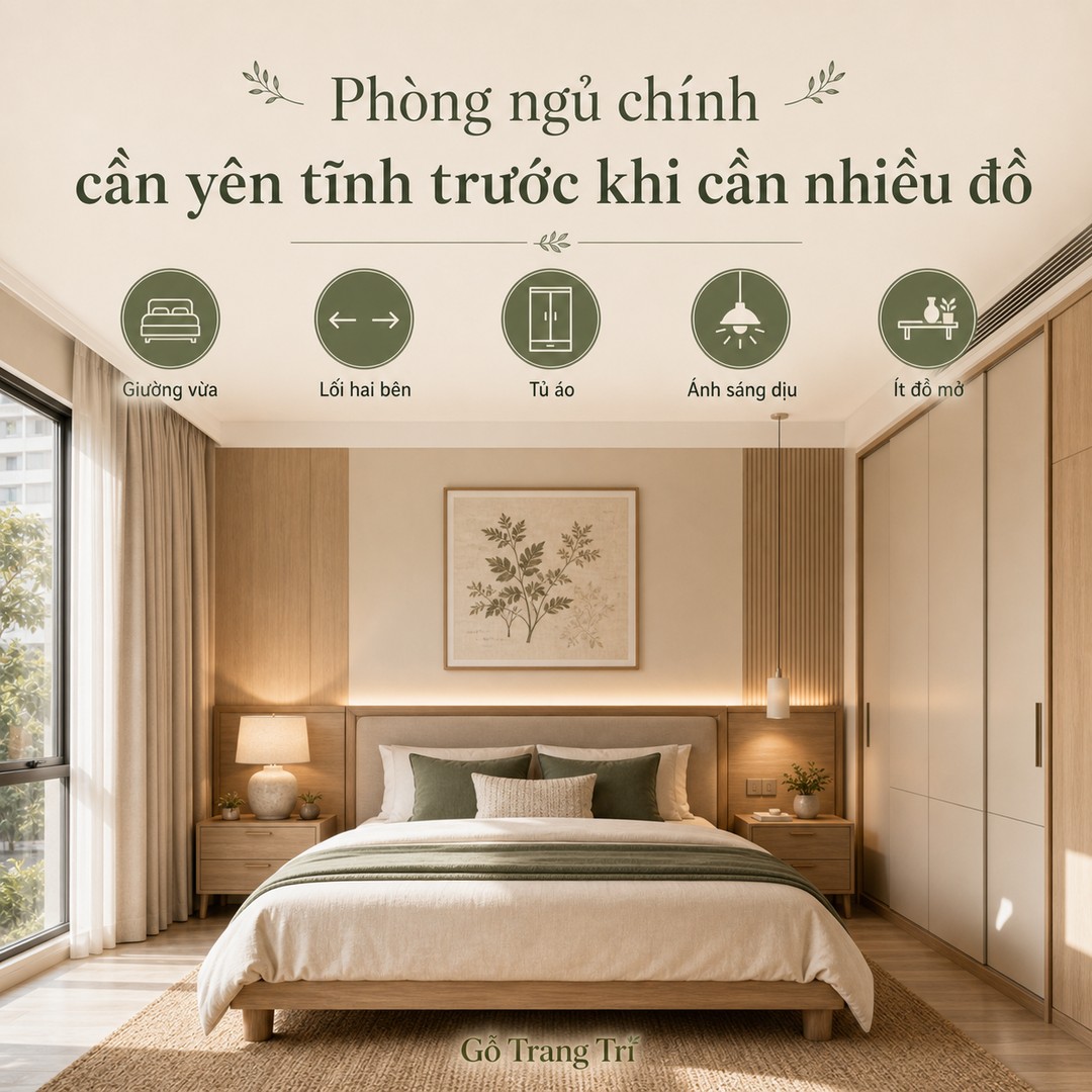 Phòng ngủ chính nên ưu tiên giường vừa, lối hai bên, ánh sáng dịu và ít đồ mở