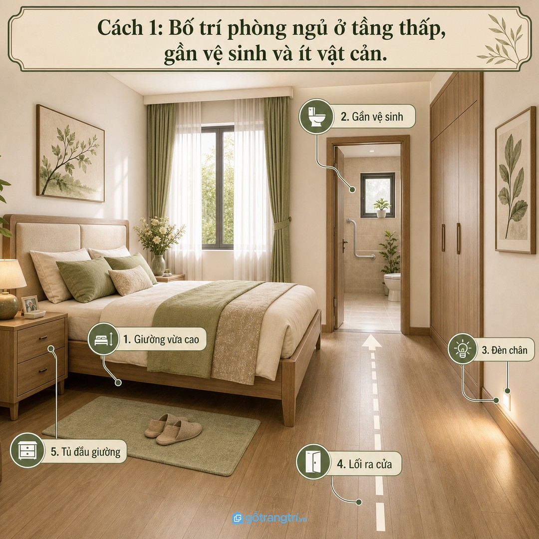 Phòng ngủ của bố mẹ nên có giường vừa cao, lối ra cửa rõ và đèn chân dịu