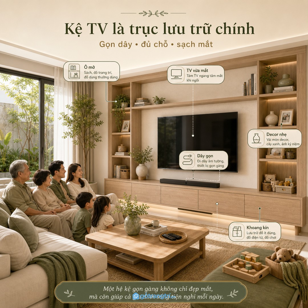 Kệ TV nên kết hợp khoang kín, ô mở và đường dây gọn để phòng khách sạch hơn