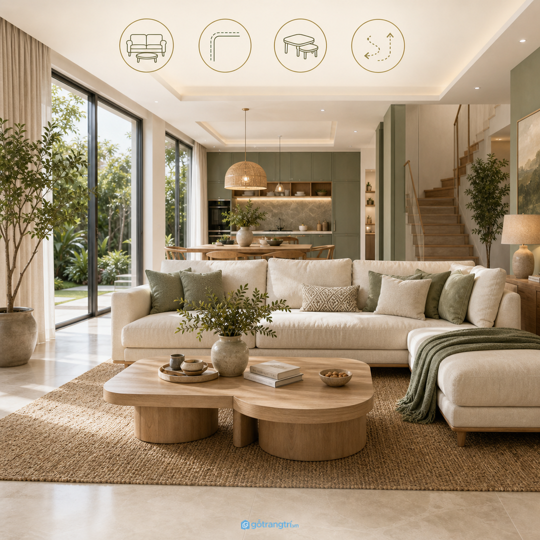 Bàn trà bo mềm giúp vùng sofa có điểm đặt đồ mà không làm lối đi bị nặng