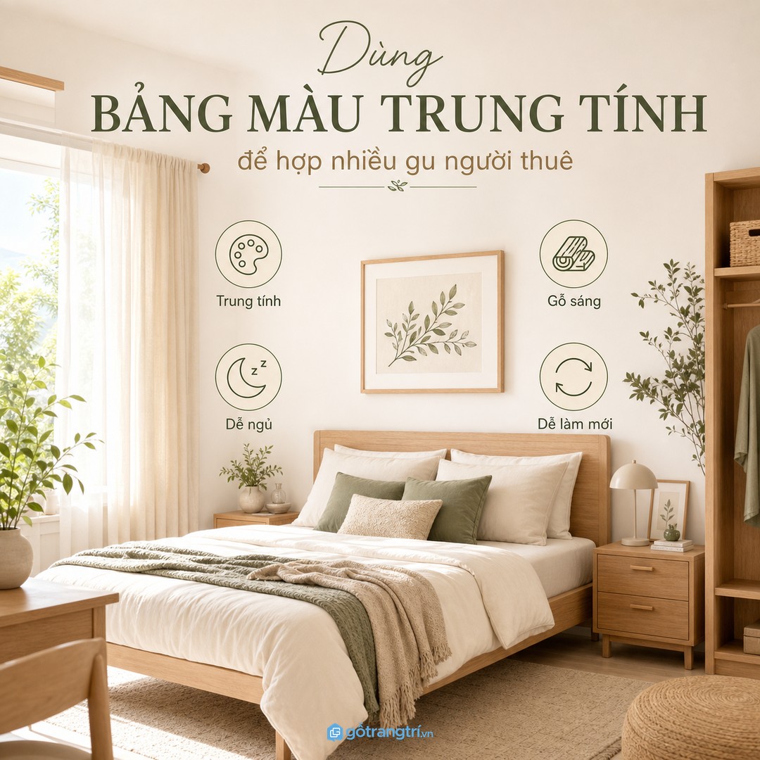 Bảng màu trung tính giúp phòng ngủ cho thuê sạch, dễ ngủ và hợp nhiều người