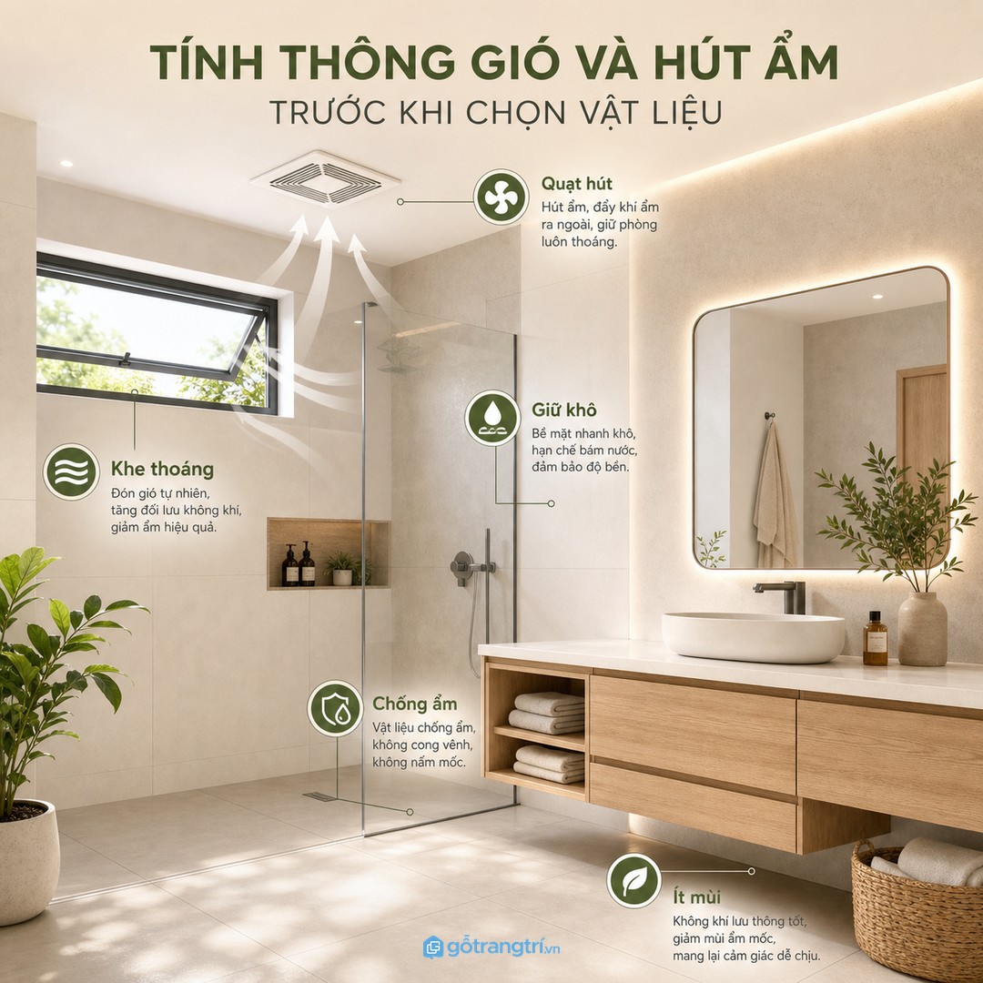 Thông gió, quạt hút và khe thoáng cần được tính trước khi chọn vật liệu phòng tắm