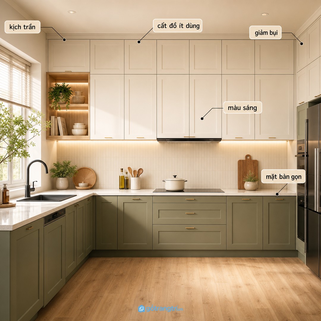 Tủ trên kịch trần tăng lưu trữ, giảm bụi và giữ mặt bàn bếp gọn hơn