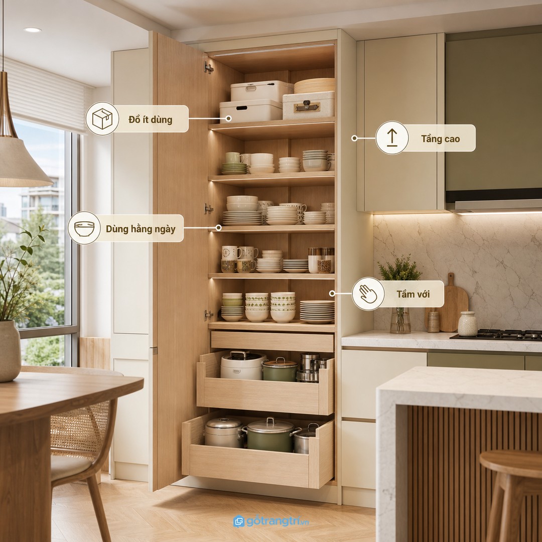 Chia khoang theo tần suất dùng giúp tủ kịch trần cao nhưng vẫn dễ lấy đồ