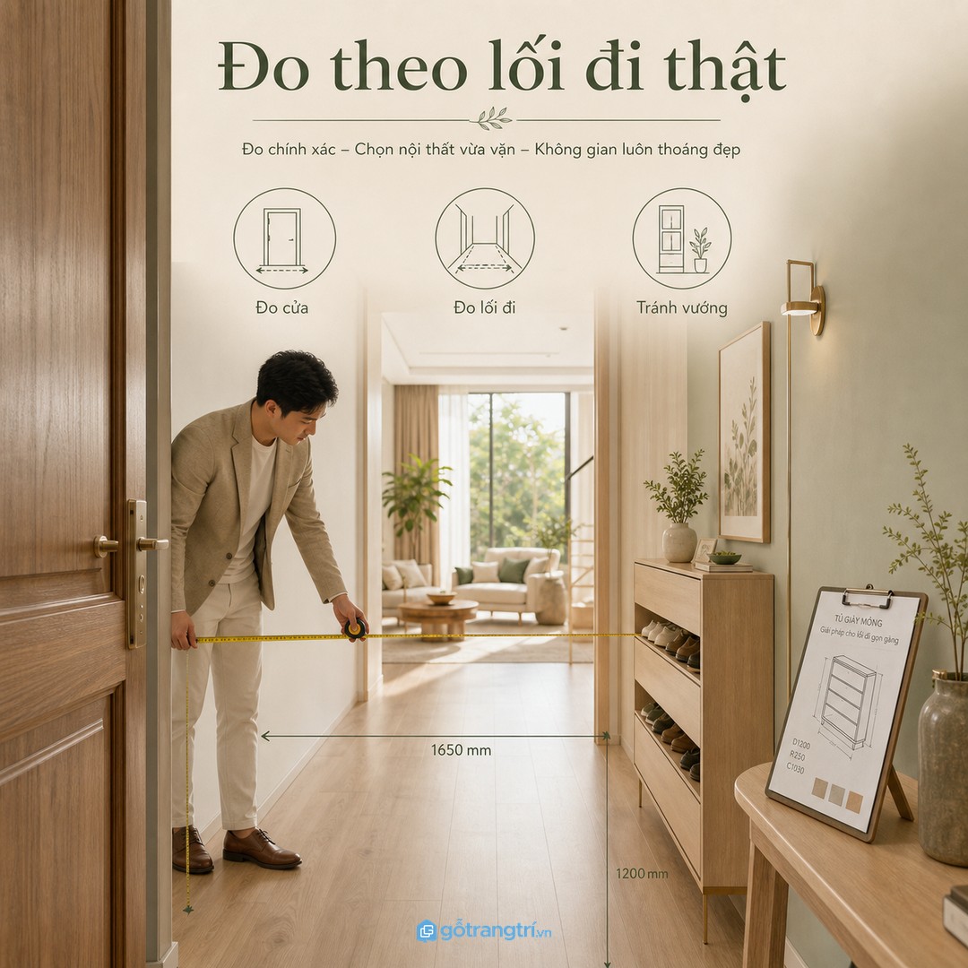 Kích thước tủ giày nên đo theo lối đi thật và hướng mở cửa chính