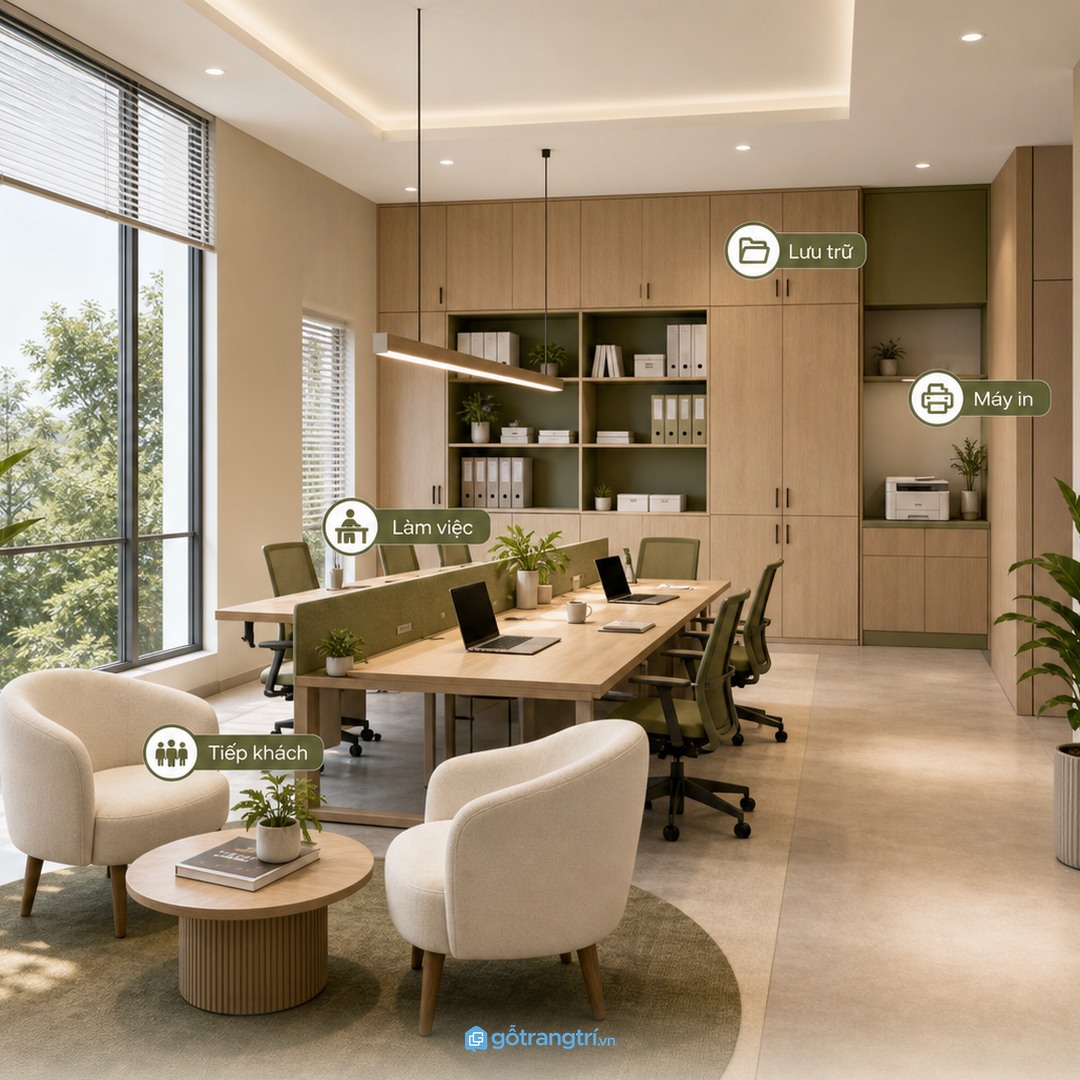 Chia khu tiếp khách, làm việc và lưu trữ theo lớp giúp văn phòng dễ vận hành