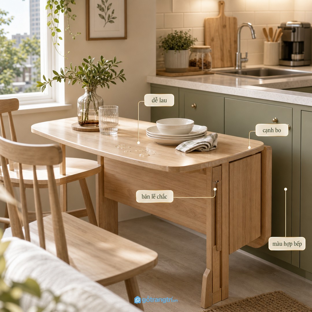 Mặt bàn dễ lau, cạnh bo và cơ cấu gấp chắc giúp bàn dùng bền hơn