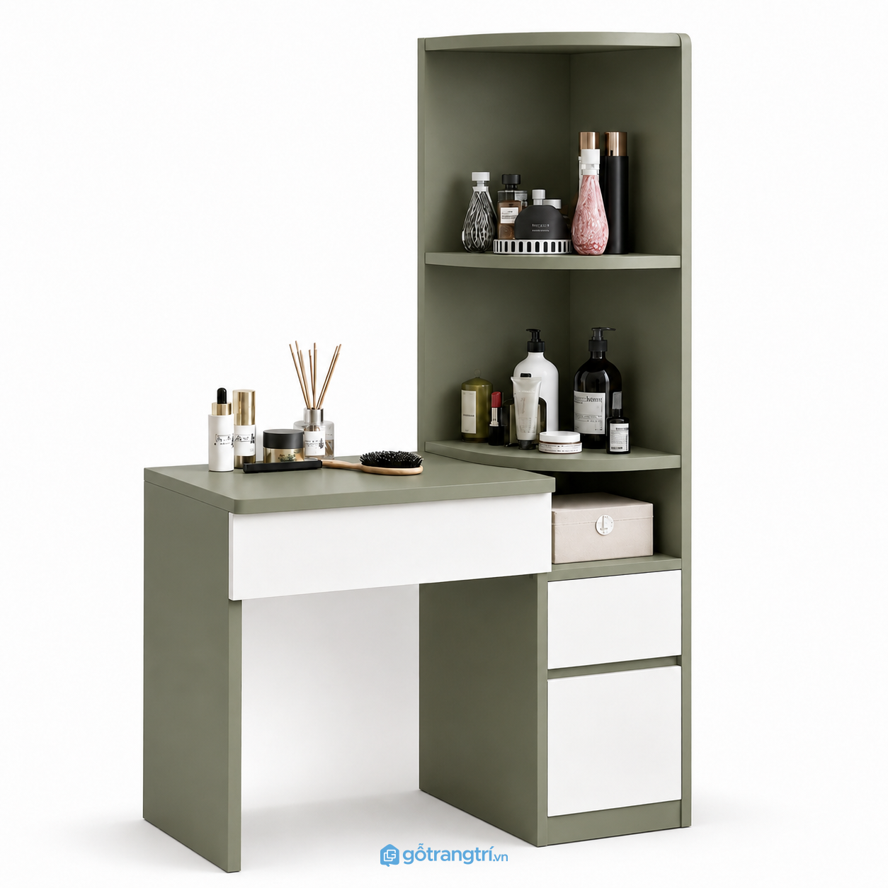 Bàn trang điểm có kệ lưu trữ phù hợp người cần nhiều ngăn để mỹ phẩm