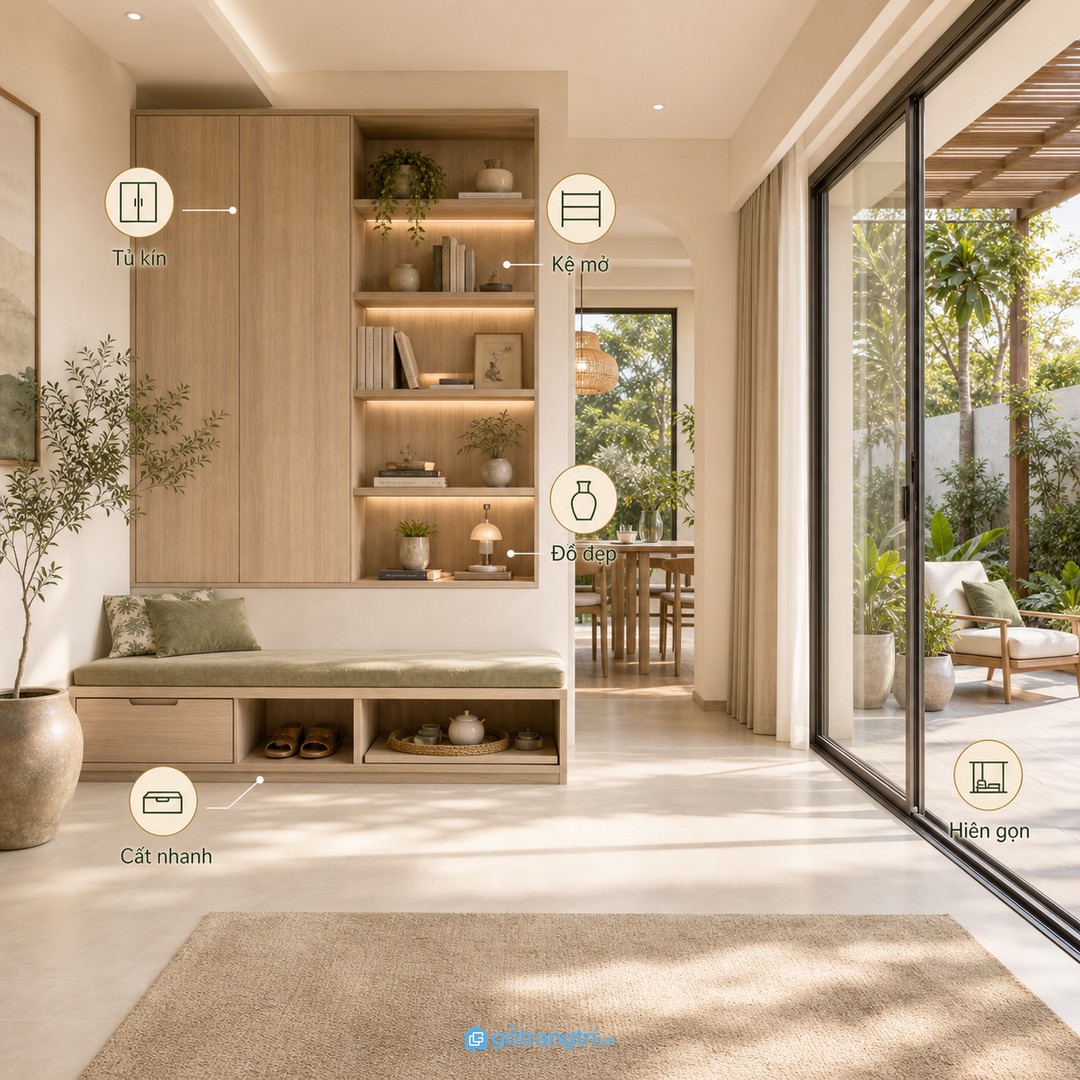 Tủ kín giữ đồ rối, kệ mở trưng đồ đẹp và mỗi vùng có điểm cất nhanh