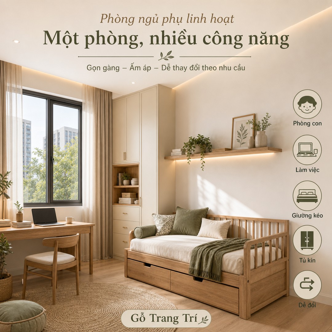 Phòng ngủ phụ nên dùng giường kéo, bàn nhỏ, tủ kín và bố cục dễ đổi công năng