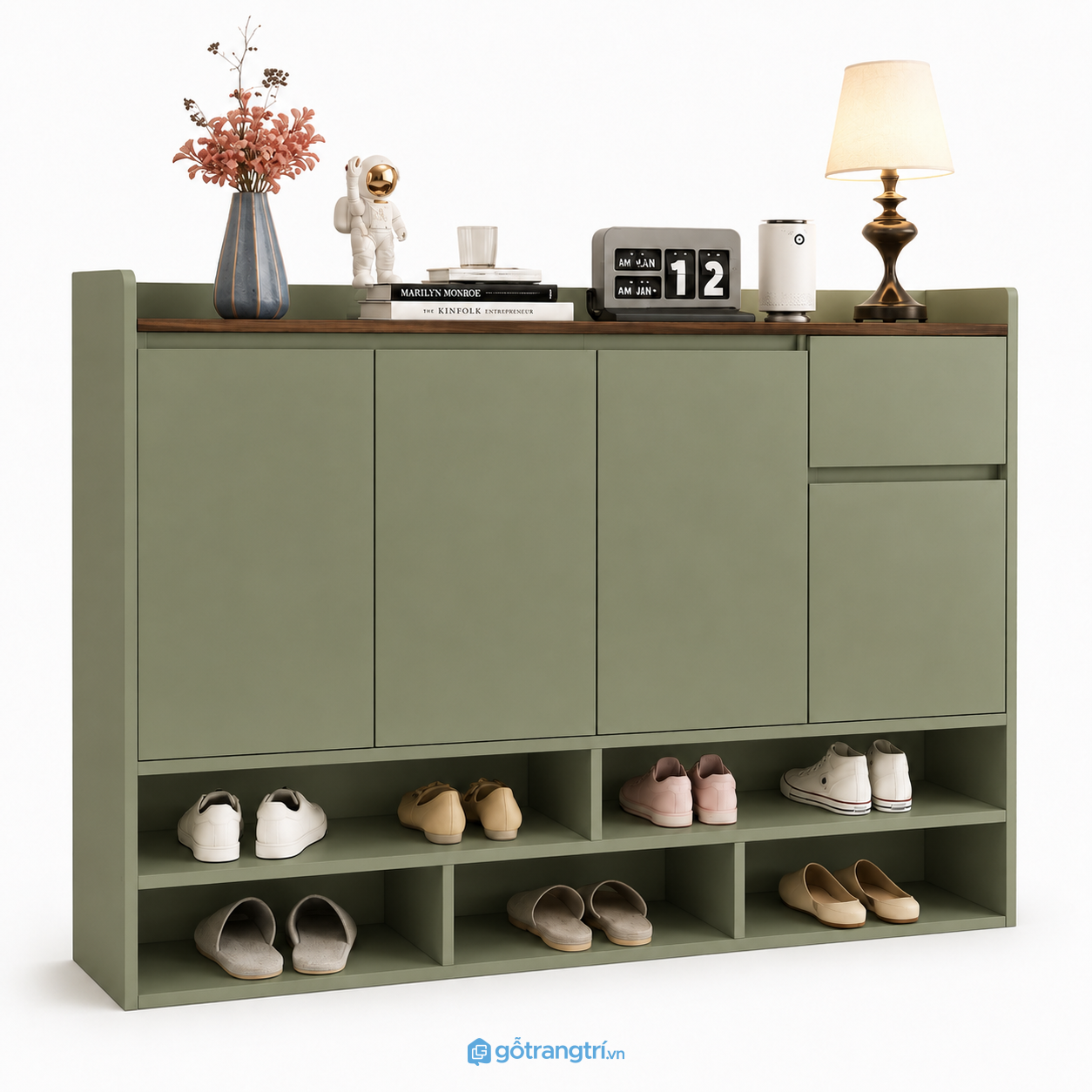 Tủ giày màu xanh olive cánh phẳng hiện đại