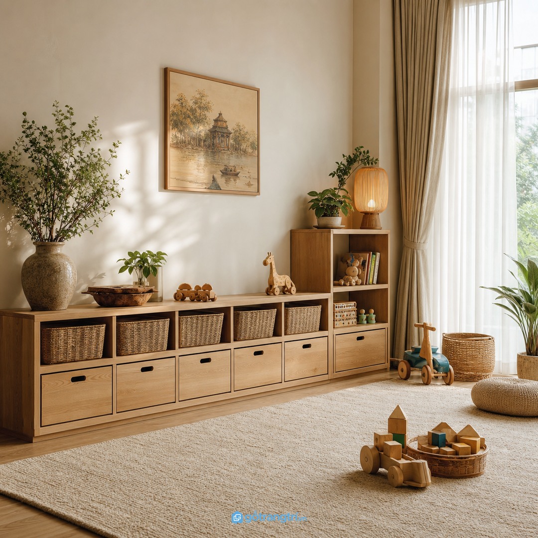 Lưu trữ đồ chơi bằng hộc kéo, giỏ mây, kệ thấp và vị trí cố định