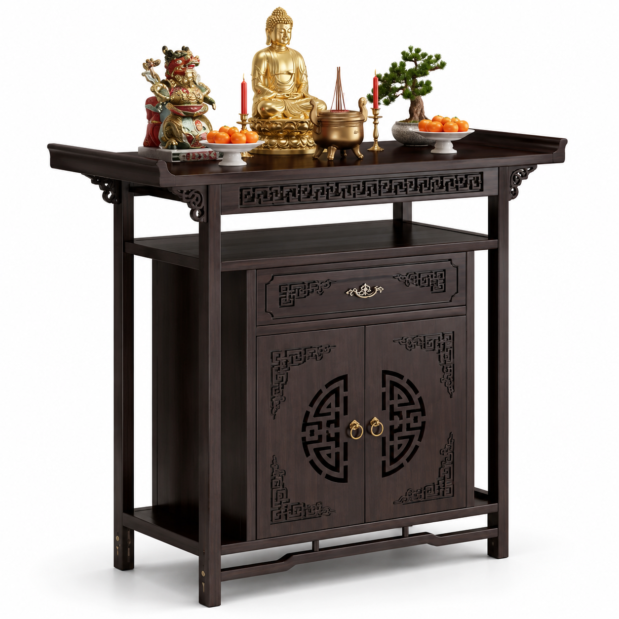 Nhà phố có phòng thờ riêng có thể chọn tủ thờ màu trầm để tăng chiều sâu