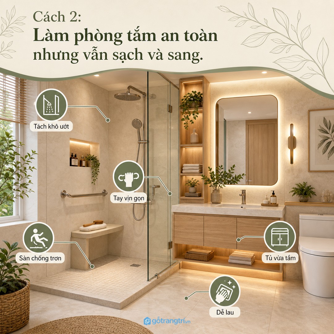 Phòng tắm cho bố mẹ cần tách khô ướt, sàn chống trơn và tủ vừa tầm