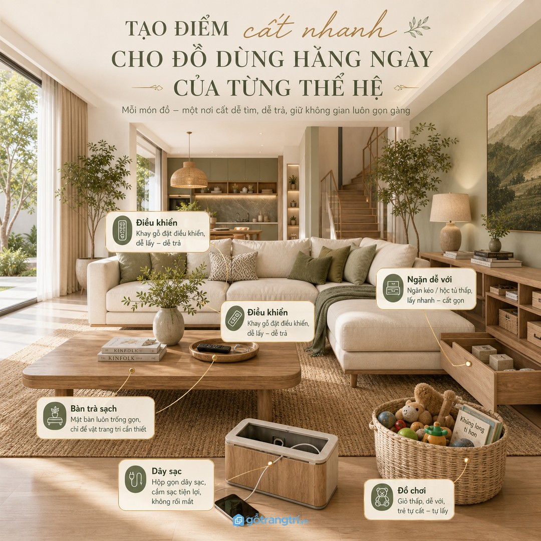 Mỗi nhóm đồ cần một điểm cất nhanh để bàn trà và sofa không bị bừa