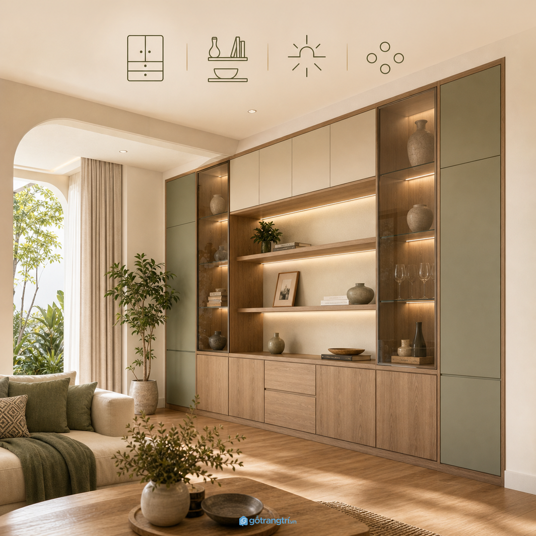 Tủ trang trí phong cách Nhật tạo chiều sâu mà vẫn giữ phòng khách biệt thự sạch mắt