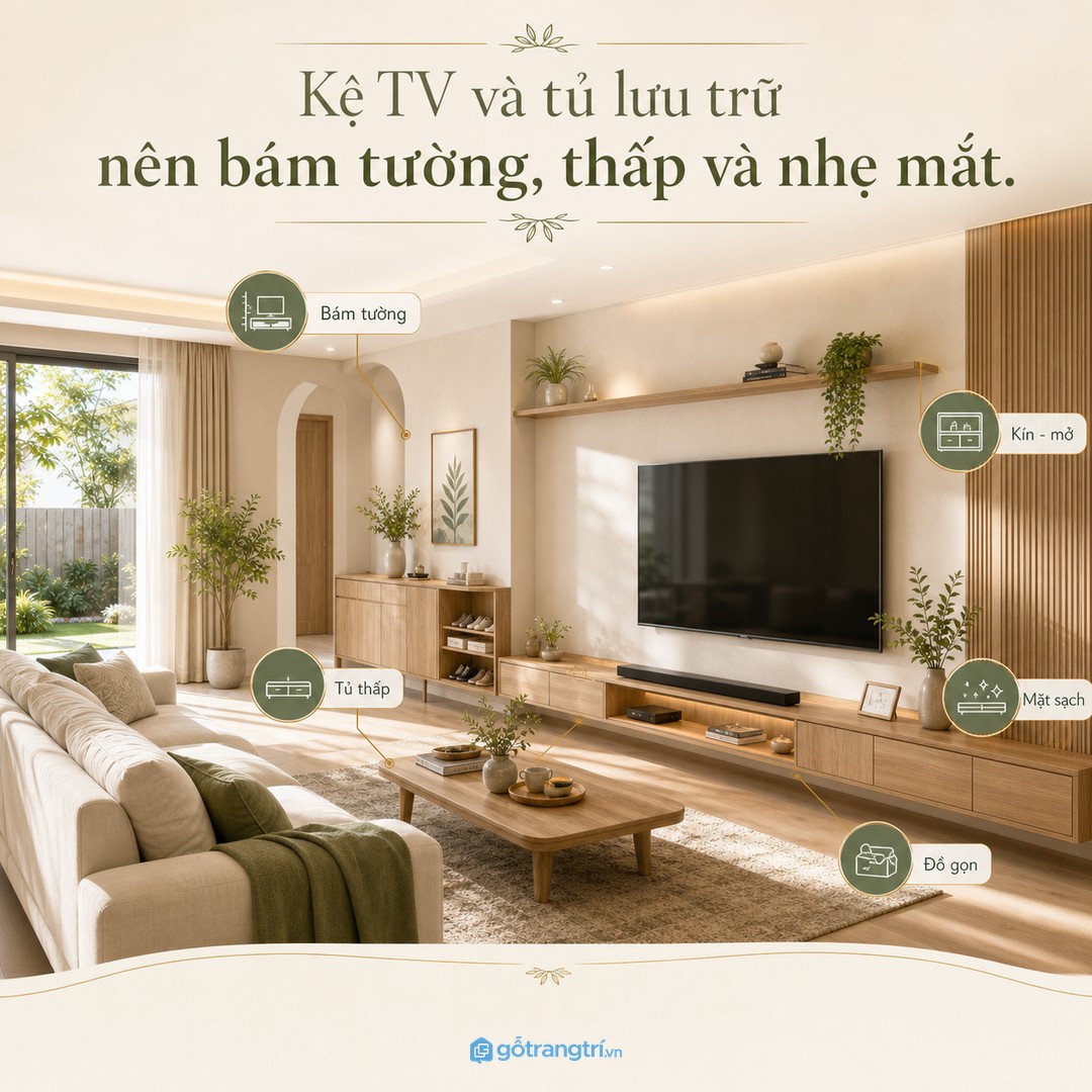 Kệ TV và tủ lưu trữ bám tường giúp phòng khách nhà ống nhẹ mắt hơn