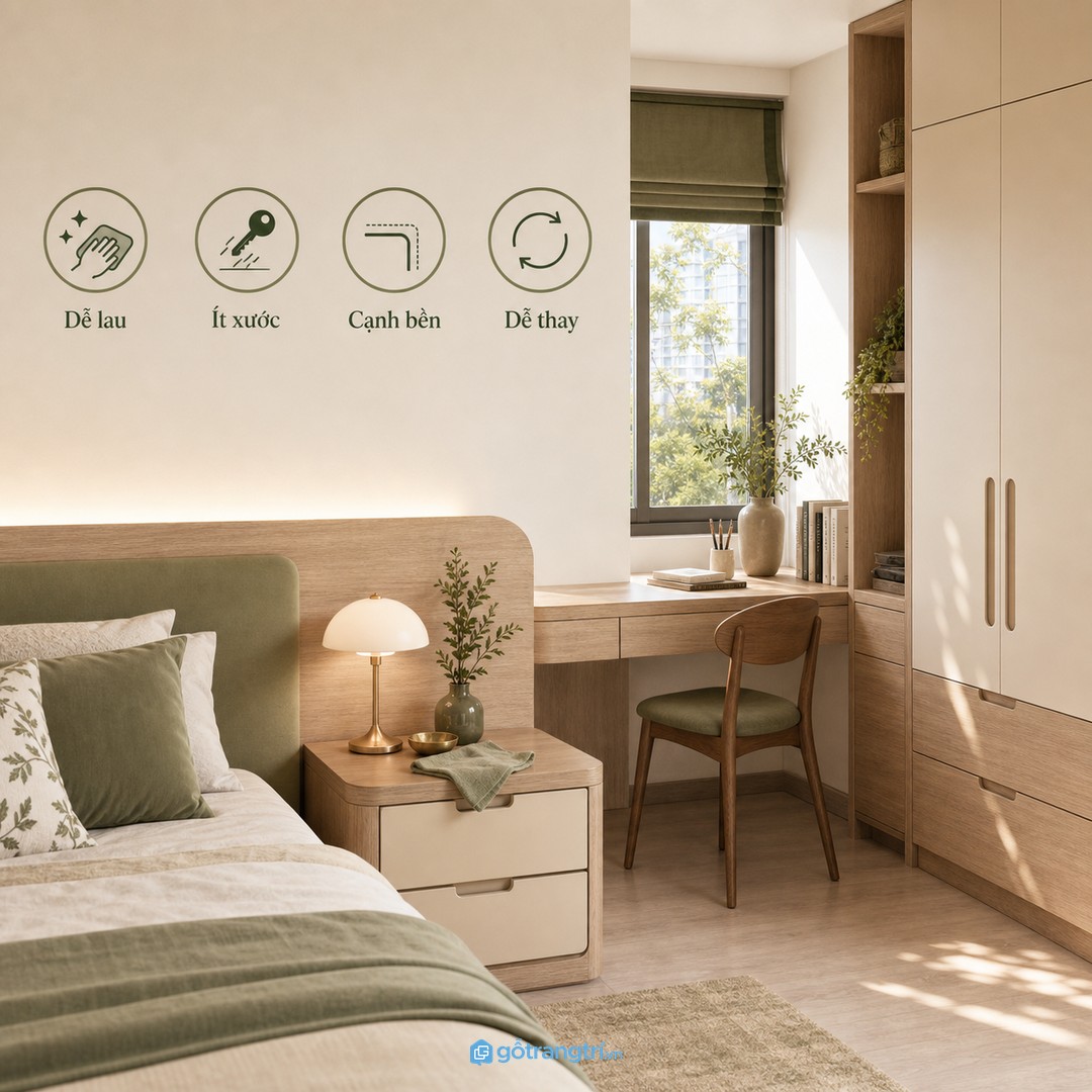 Bề mặt dễ lau, cạnh bền và vật liệu ít bám bẩn giúp phòng cho thuê dùng lâu hơn