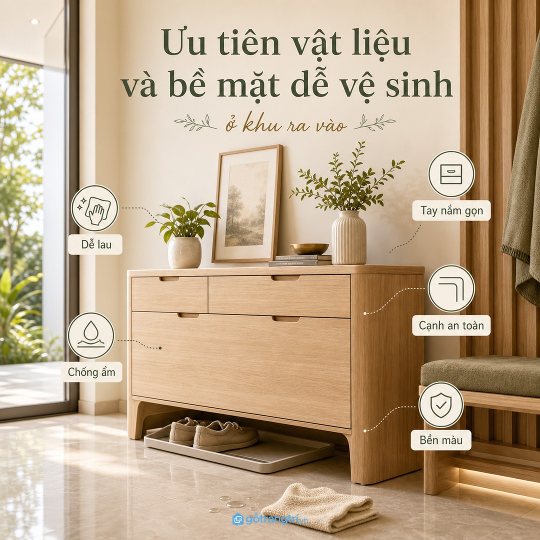 Vật liệu tủ giày khu ra vào cần dễ lau, chịu ẩm và an toàn khi sử dụng hằng ngày