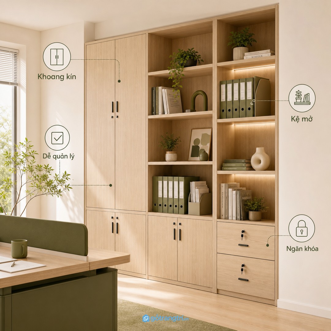 Khoang kín và khoang mở nên cân bằng để phòng làm việc vừa gọn vừa có điểm nhấn