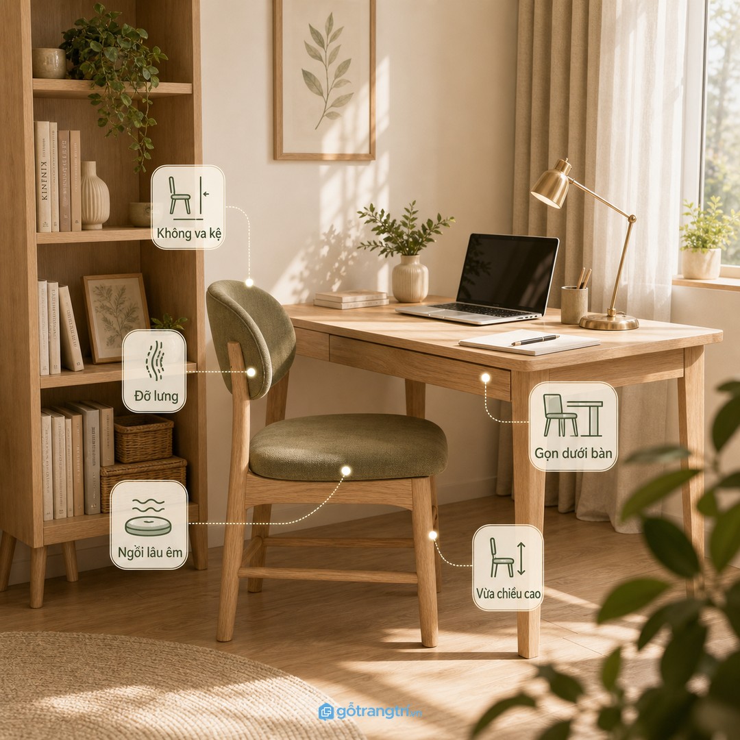 Ghế làm việc tại nhà cần đỡ lưng, vừa chiều cao và gọn dưới bàn