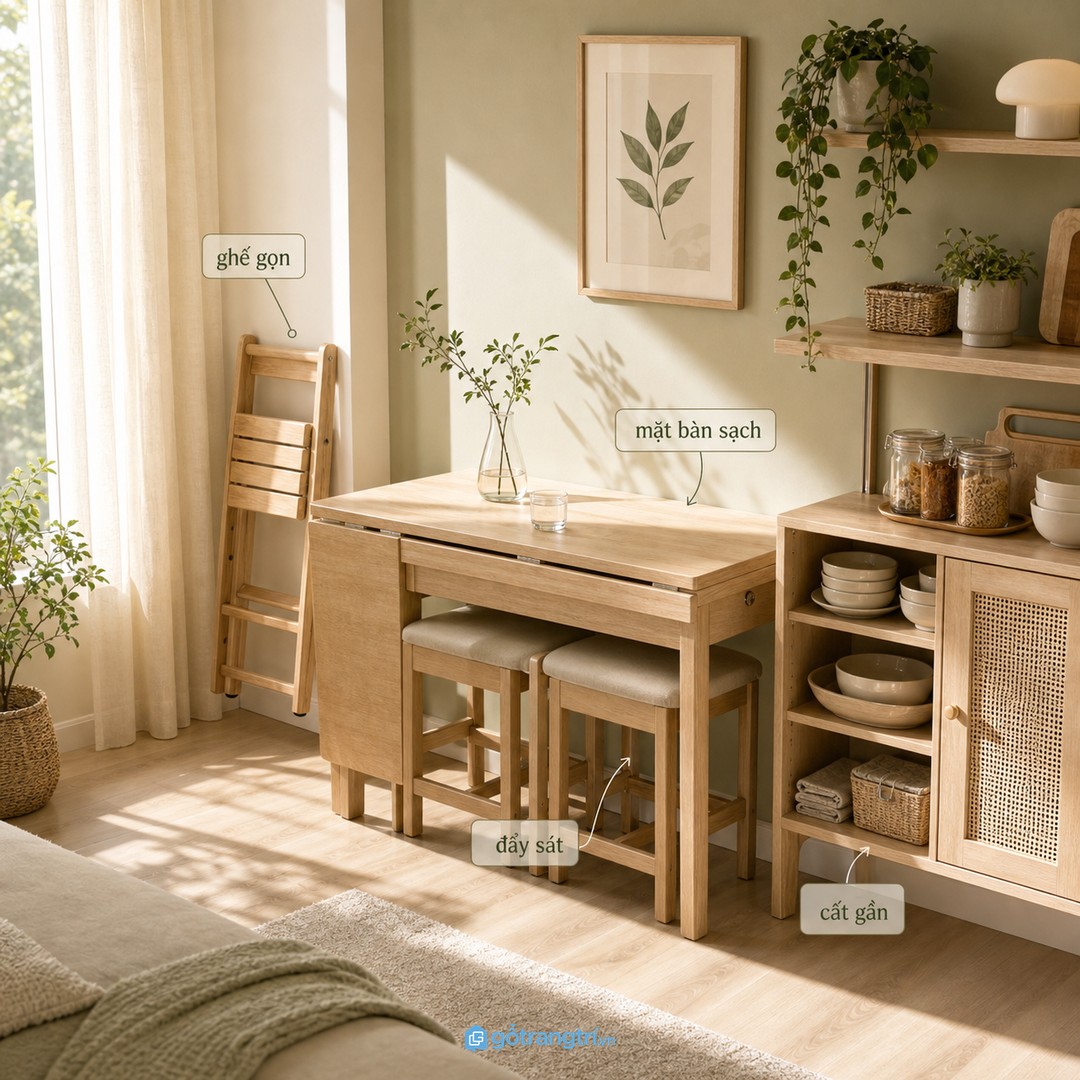 Ghế gọn và tủ cất đồ gần bàn giúp khu ăn uống sạch hơn sau mỗi bữa