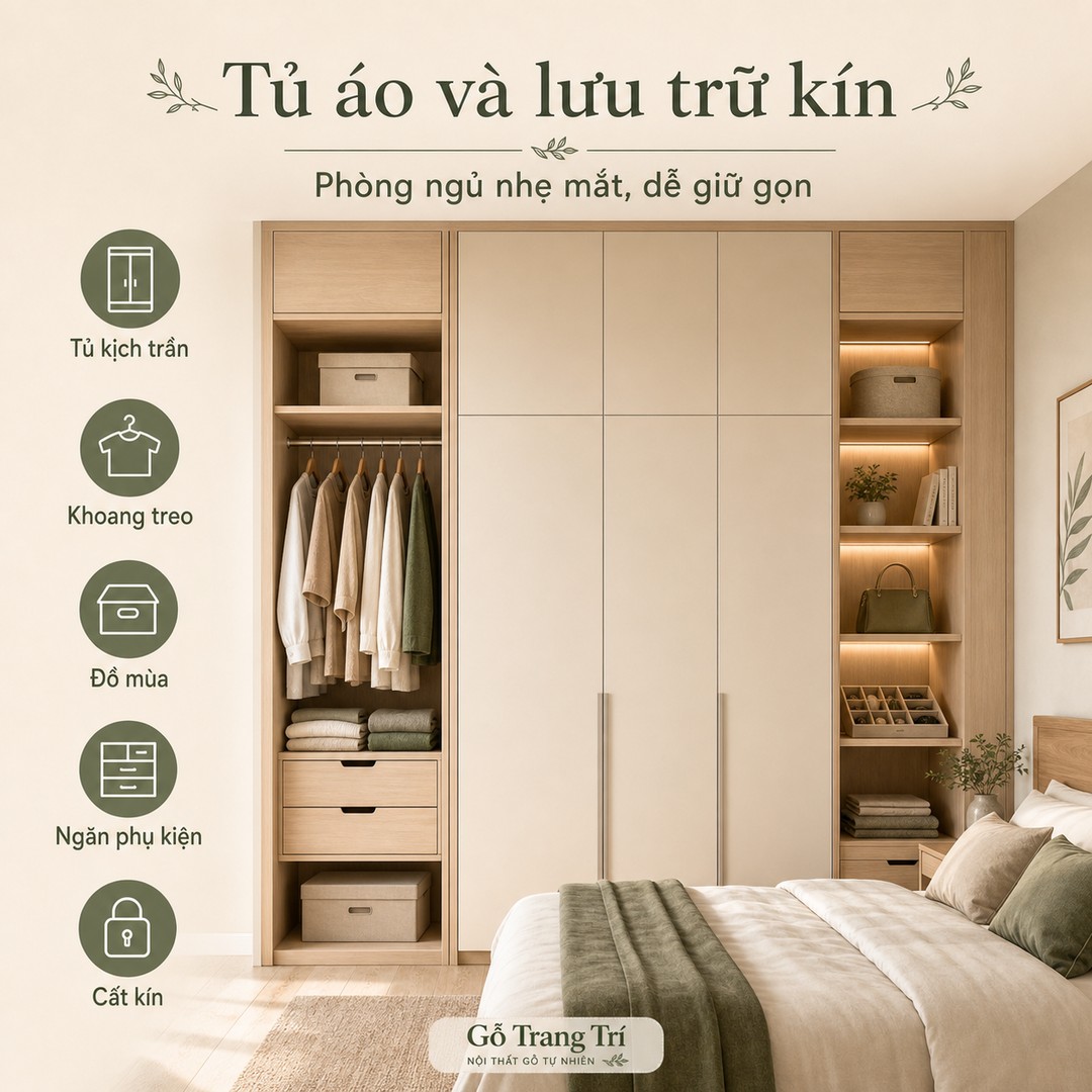 Tủ áo kịch trần và lưu trữ kín giúp phòng ngủ chung cư nhẹ mắt, dễ giữ gọn