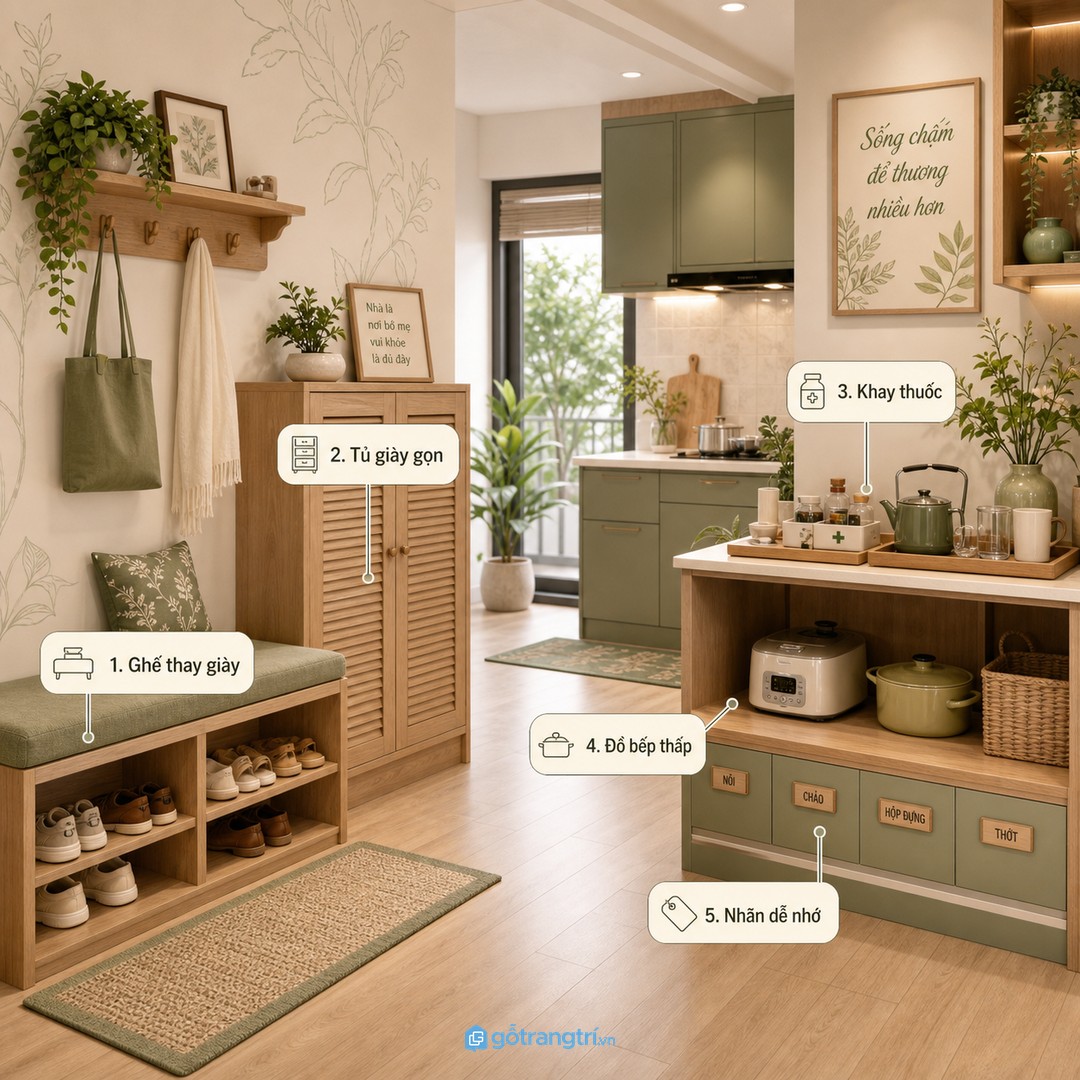 Bếp, lối vào và đồ dùng hằng ngày cần có điểm cất nhanh dễ nhớ