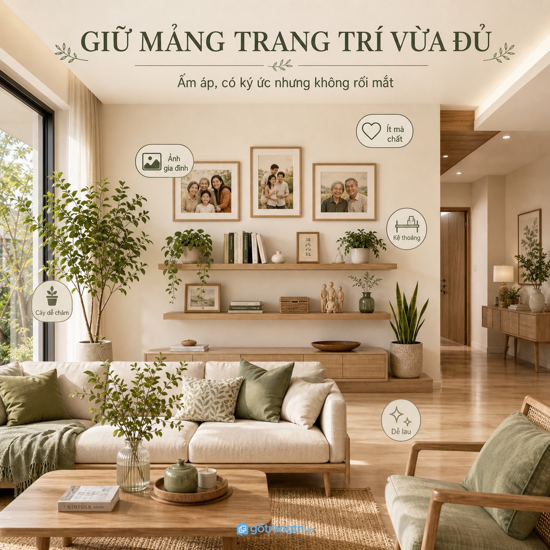 Trang trí vừa đủ giúp phòng khách có cảm xúc gia đình mà vẫn gọn và dễ lau