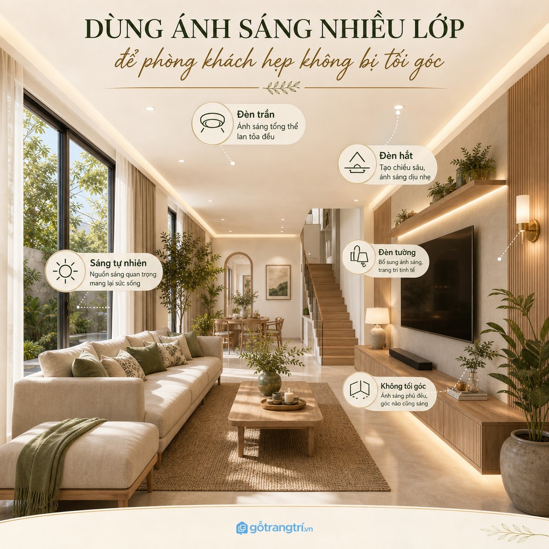 Ánh sáng nhiều lớp giúp phòng khách hẹp có chiều sâu và không tối góc