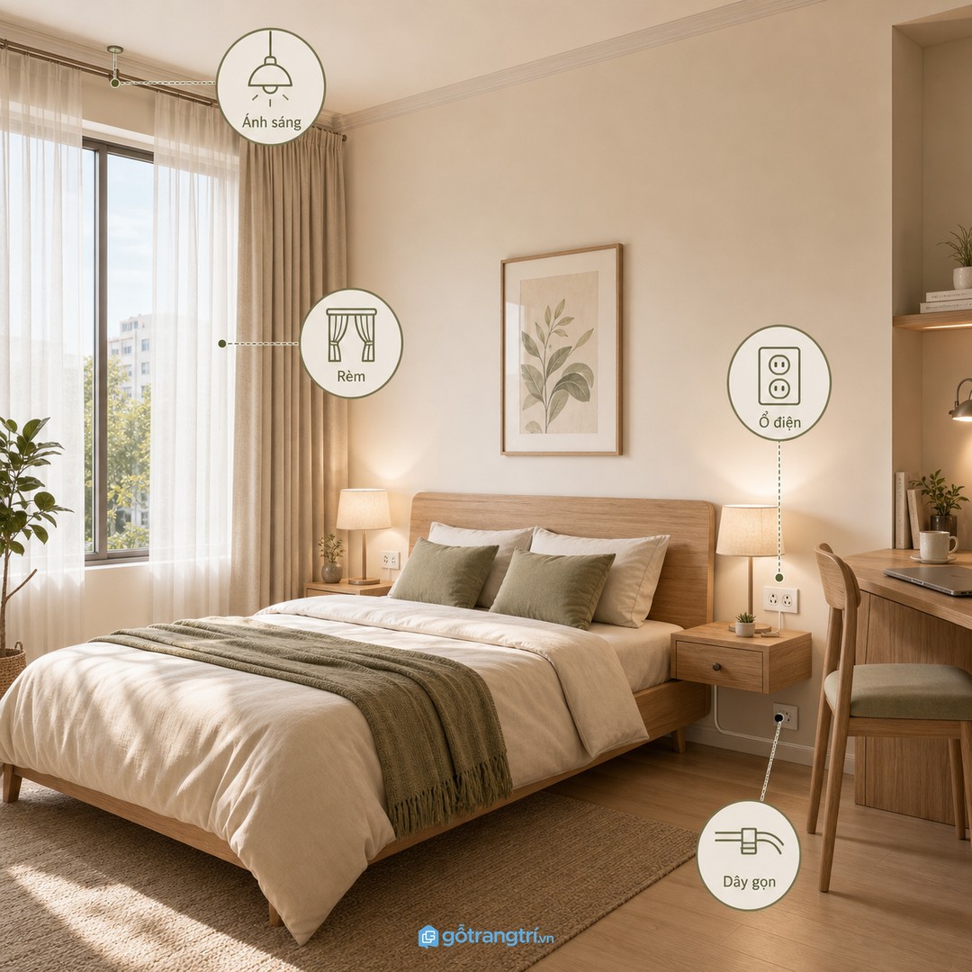 Ánh sáng ấm, rèm dễ kéo và ổ điện đúng chỗ giúp người thuê dùng phòng thuận hơn