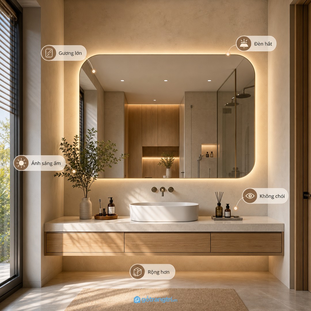 Gương lớn, đèn hắt và ánh sáng ấm giúp phòng tắm master rộng và dễ chịu hơn