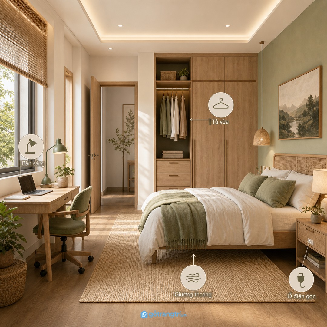 Giường, tủ và bàn làm việc nên đặt theo thói quen dùng thật