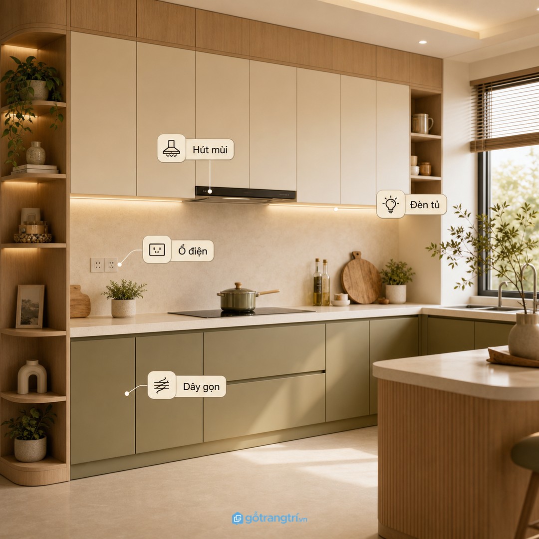 Hút mùi, ổ điện và đèn dưới tủ nên được tính trước khi sản xuất tủ