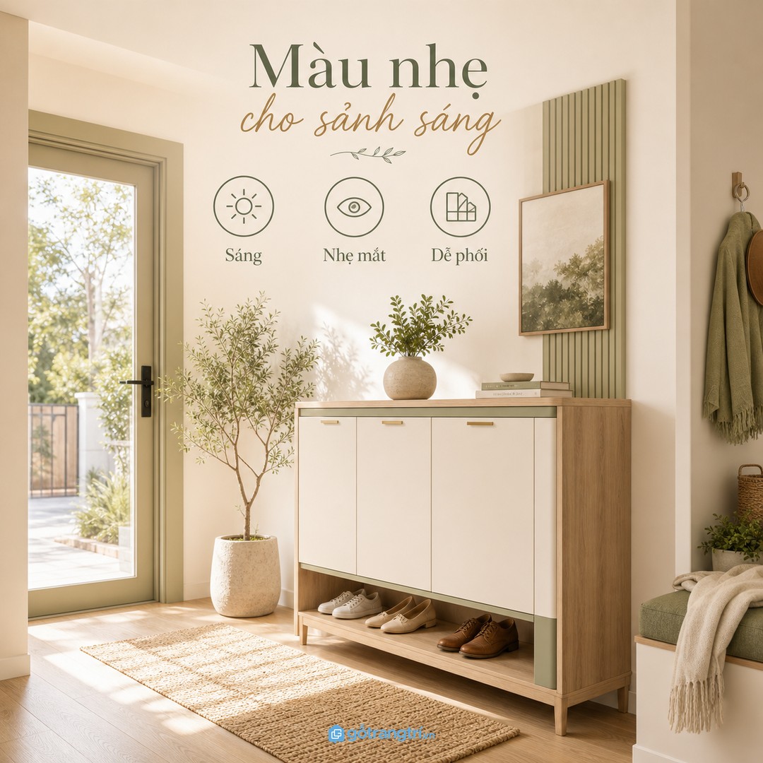 Màu tủ giày nhẹ giúp lối vào nhỏ sáng hơn và dễ phối nội thất